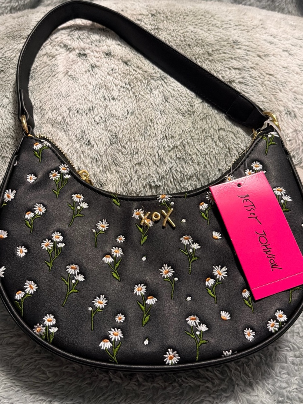 Betsey Johnson Black Shoulder Bag with White Daisy Embroidery